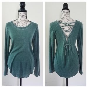 Chaser Vintage Rib Lace Back Top Long Sleeve Tee M